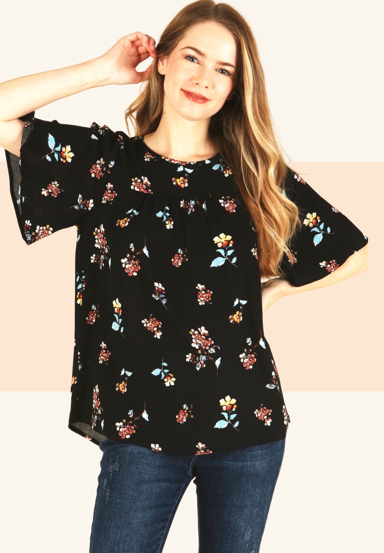 Black Floral Short Sleeve Blouse Women's