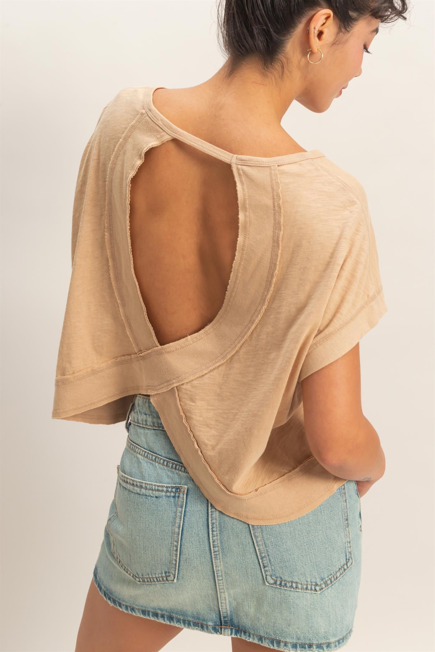 Acid Washed Tan Crossed Detail Open Backed Top