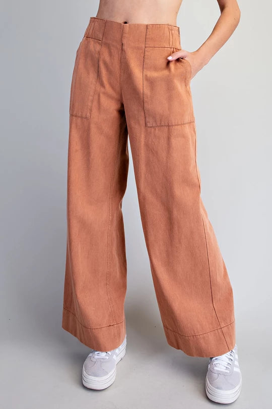 Mineral Washed Cinnamon Elastic Back Pants