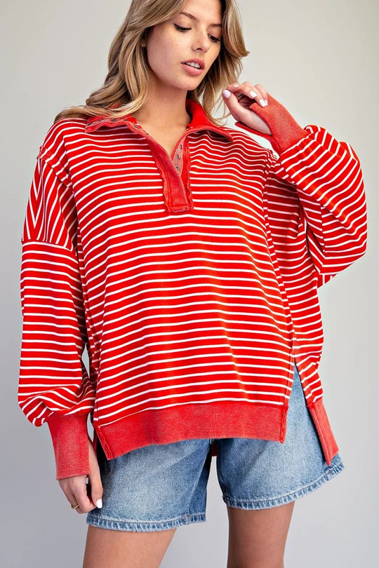 Red Striped Snow Washed Pullover