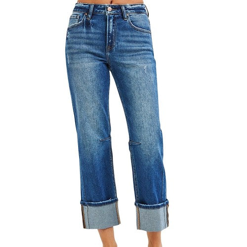 Risen High Rise Straight Cuffed Dark Jeans
