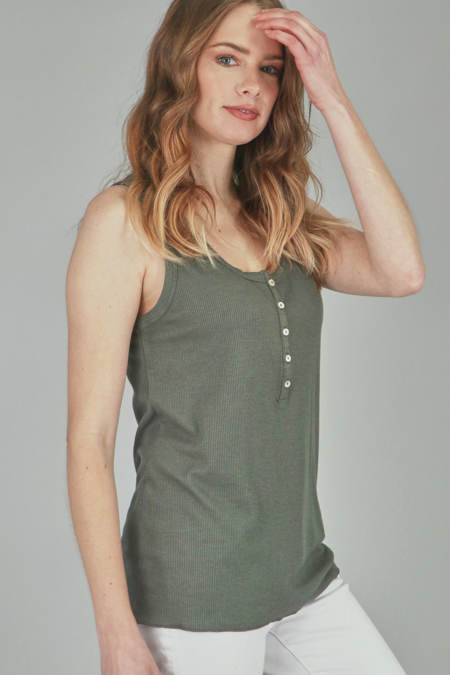 5 Button Ribbed Henley Plus Sized Tank