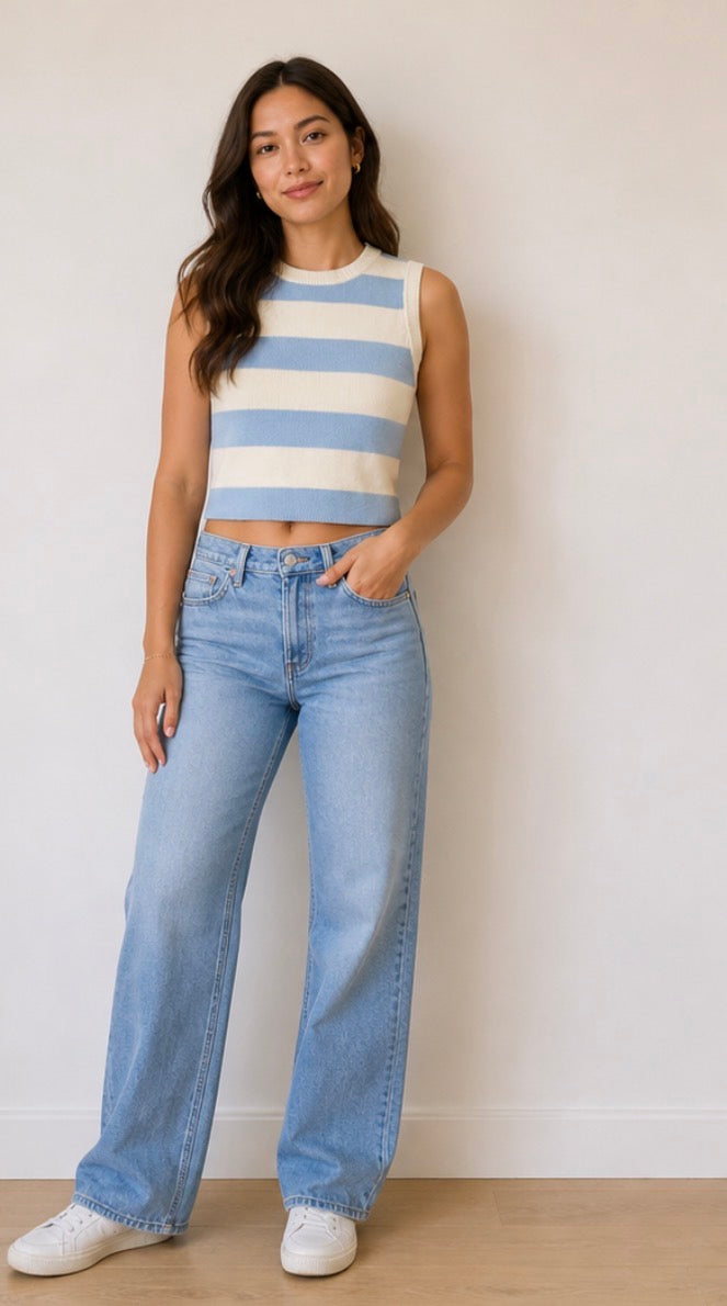 Striped Knit Lite Blue Cropped Tank Top