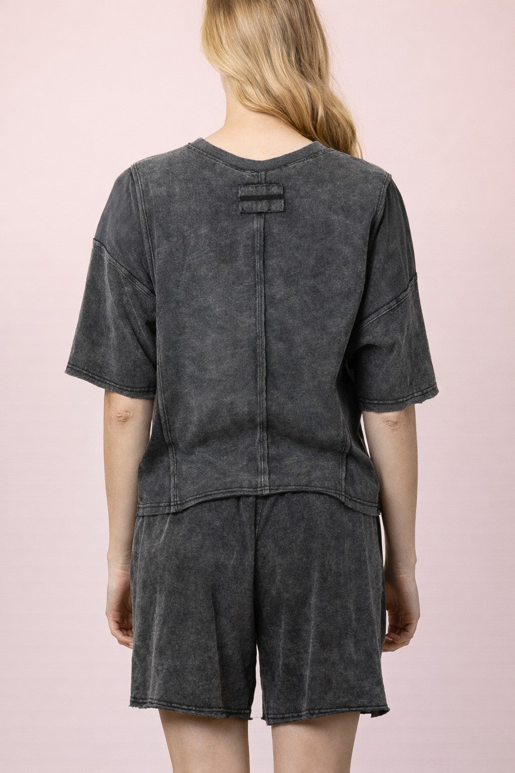 Mineral Washed Black Casual Knit Top & Short Set