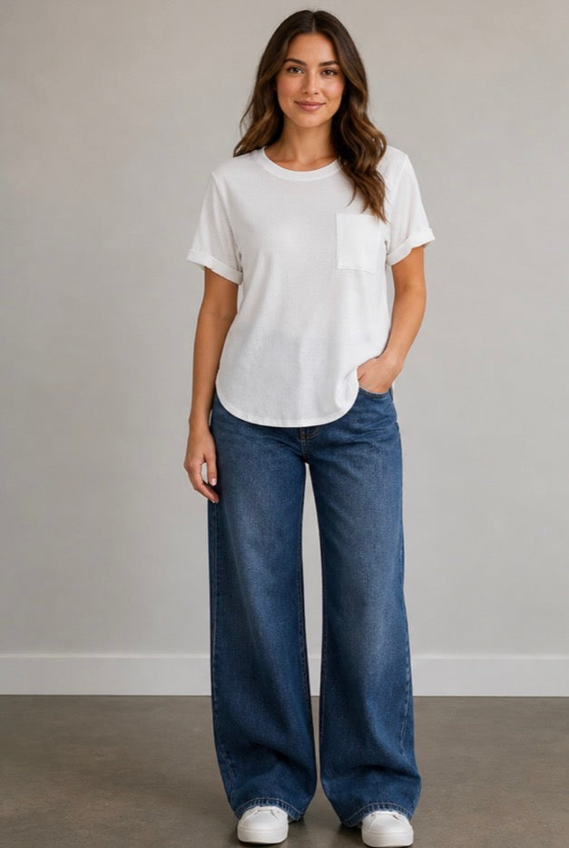 White Solid Ribbed Short Sleeved Curvy Top