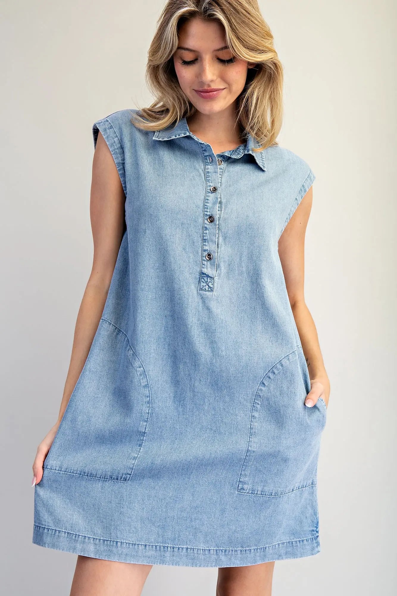 Denim Sleeveless Mini Dress with Pockets