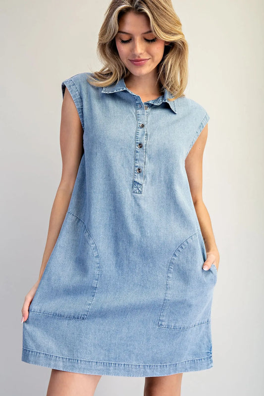 Denim Sleeveless Mini Dress with Pockets