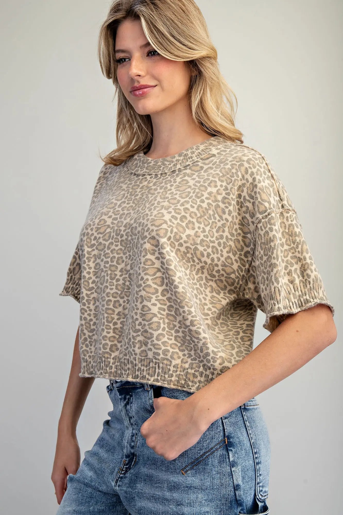 Cropped Leopard Print Knit Top
