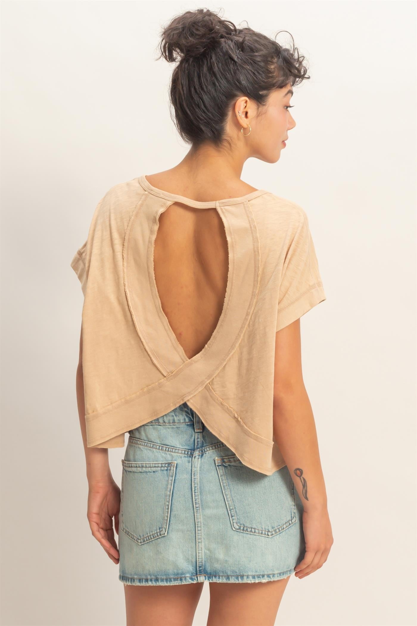 Acid Washed Tan Crossed Detail Open Backed Top