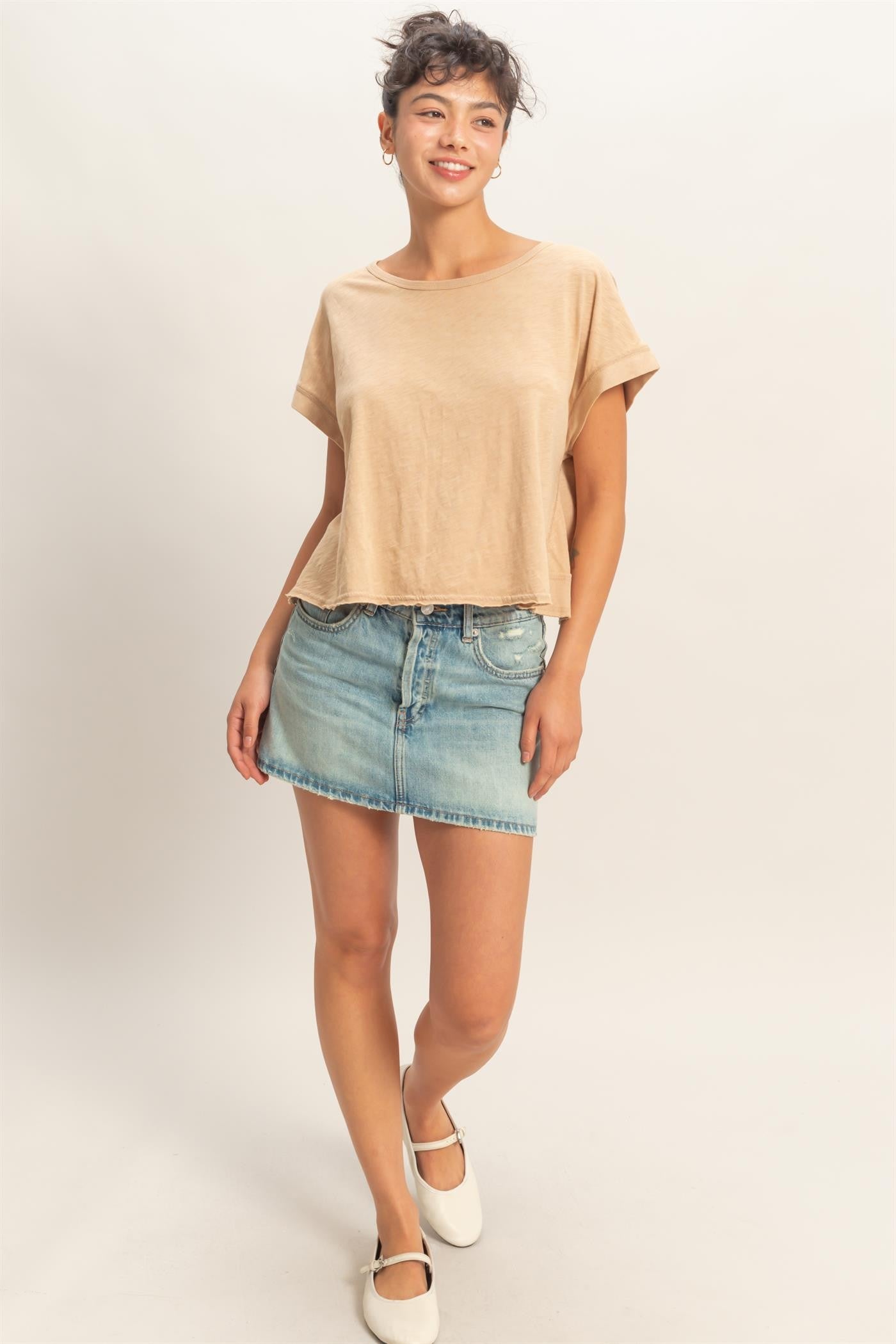 Acid Washed Tan Crossed Detail Open Backed Top