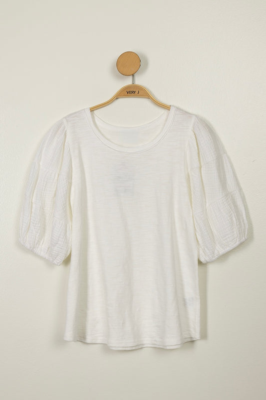 Mineral Washed White Puffed Sleeve Blouse