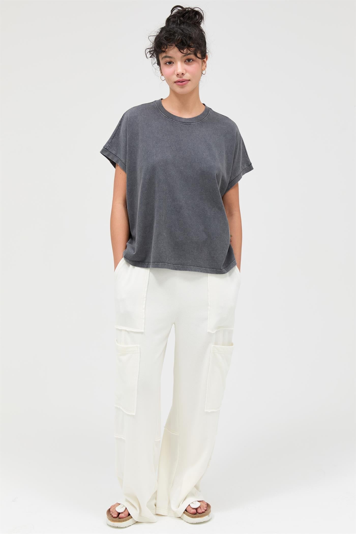 Capped Sleeve Mineral Wash Basic Tshirt Top