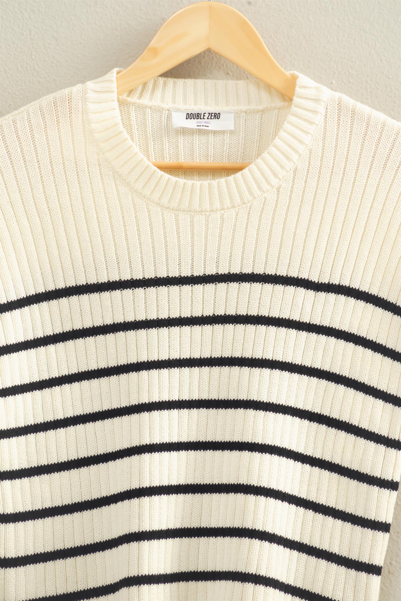 Cap Sleeve Black Striped Ribbed Knit Top