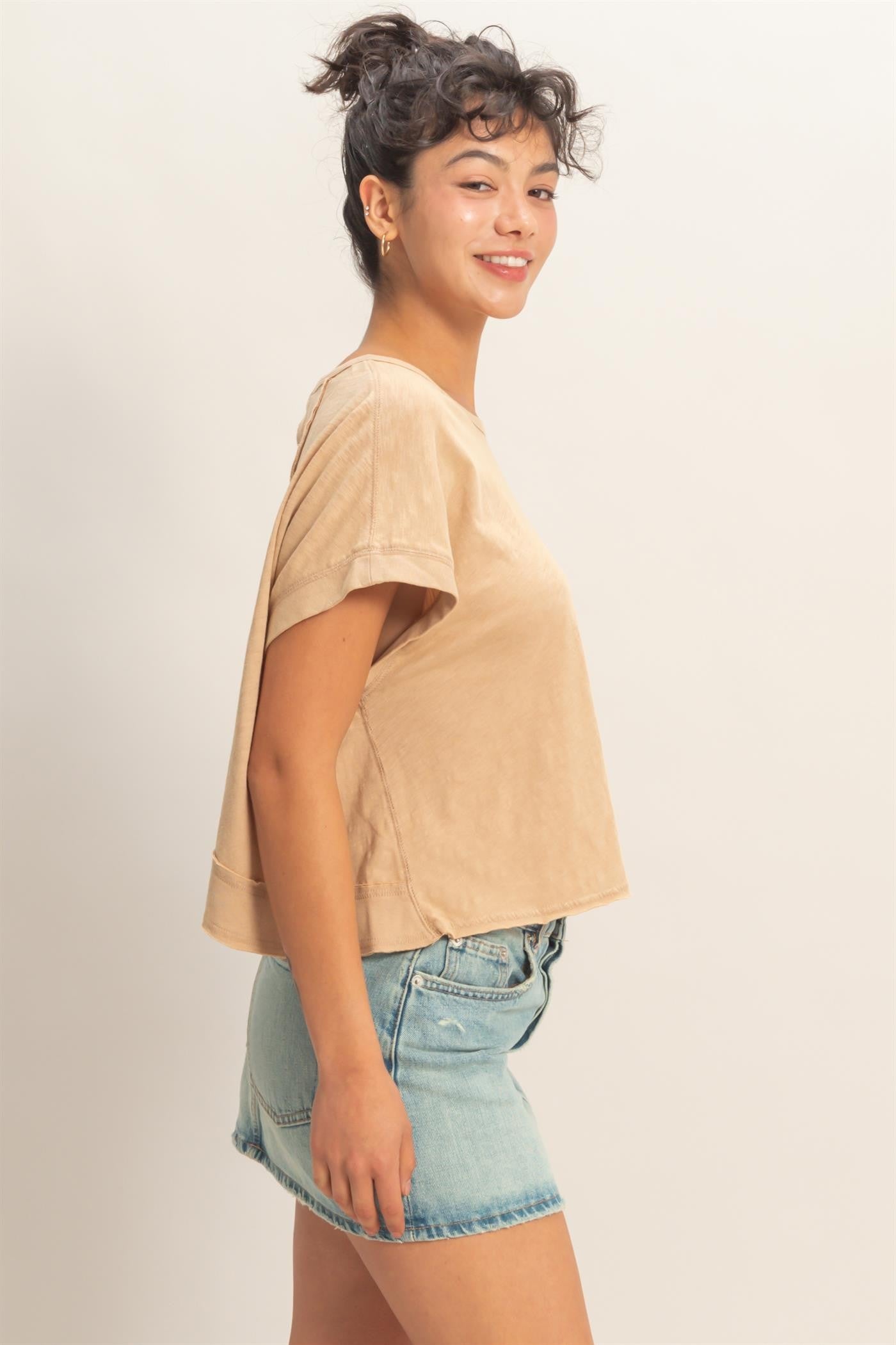 Acid Washed Tan Crossed Detail Open Backed Top