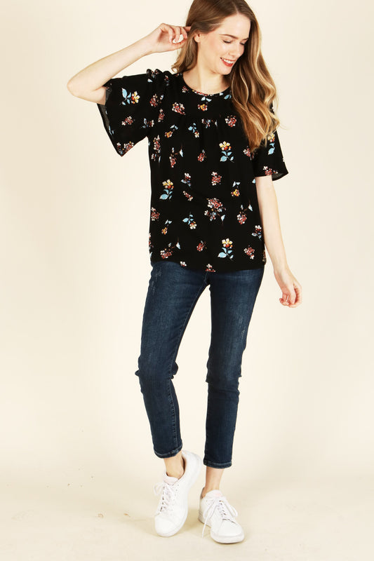 Black Floral Short Sleeve Blouse Women's
