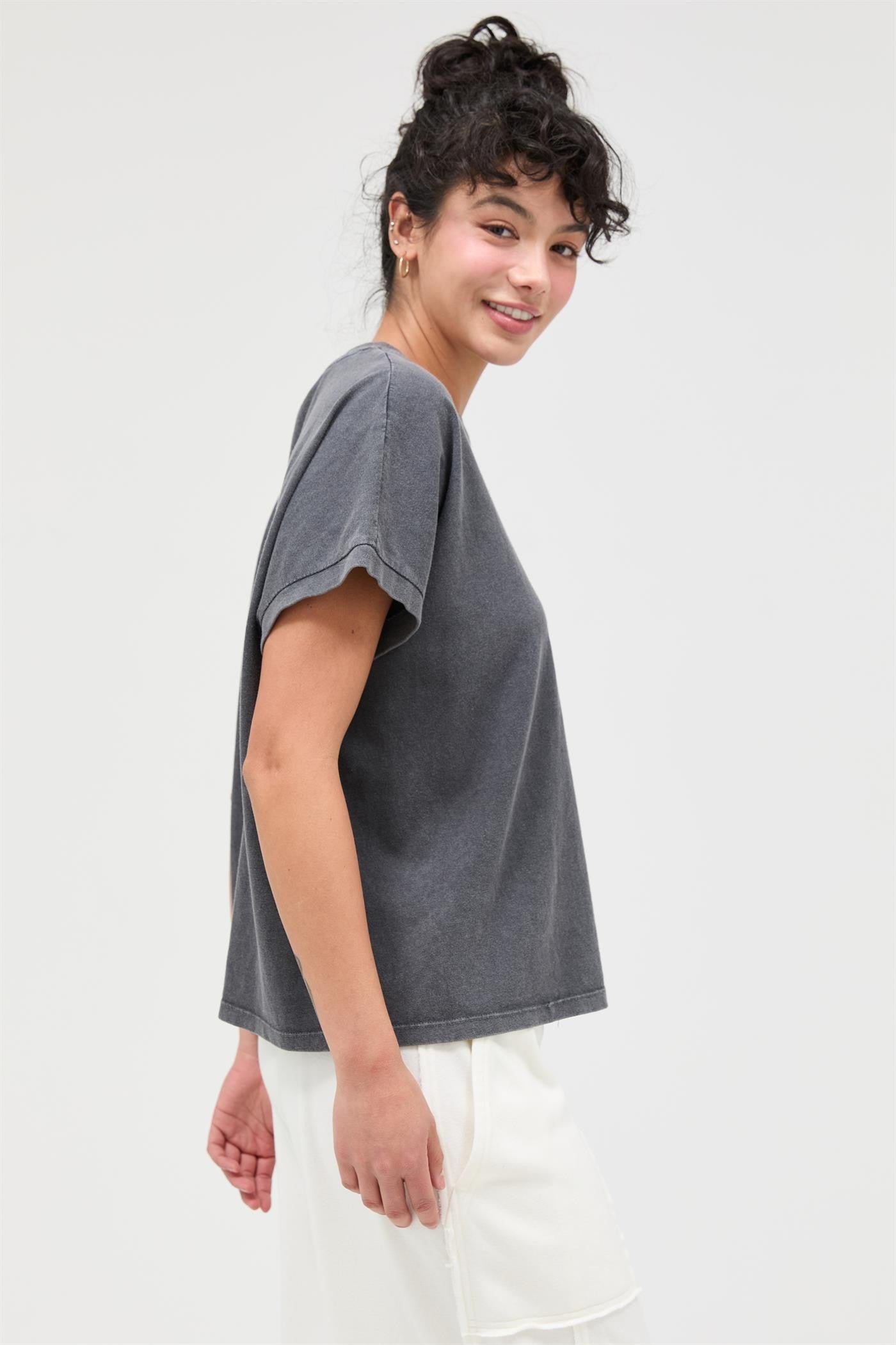 Capped Sleeve Mineral Wash Basic Tshirt Top
