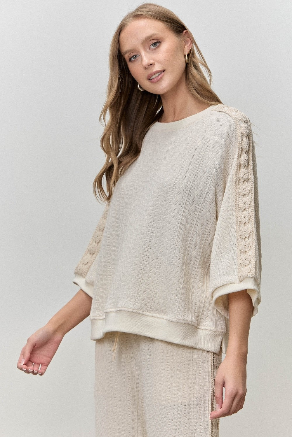 Ivory Cable Knit Curvy Top with Crochet Detail