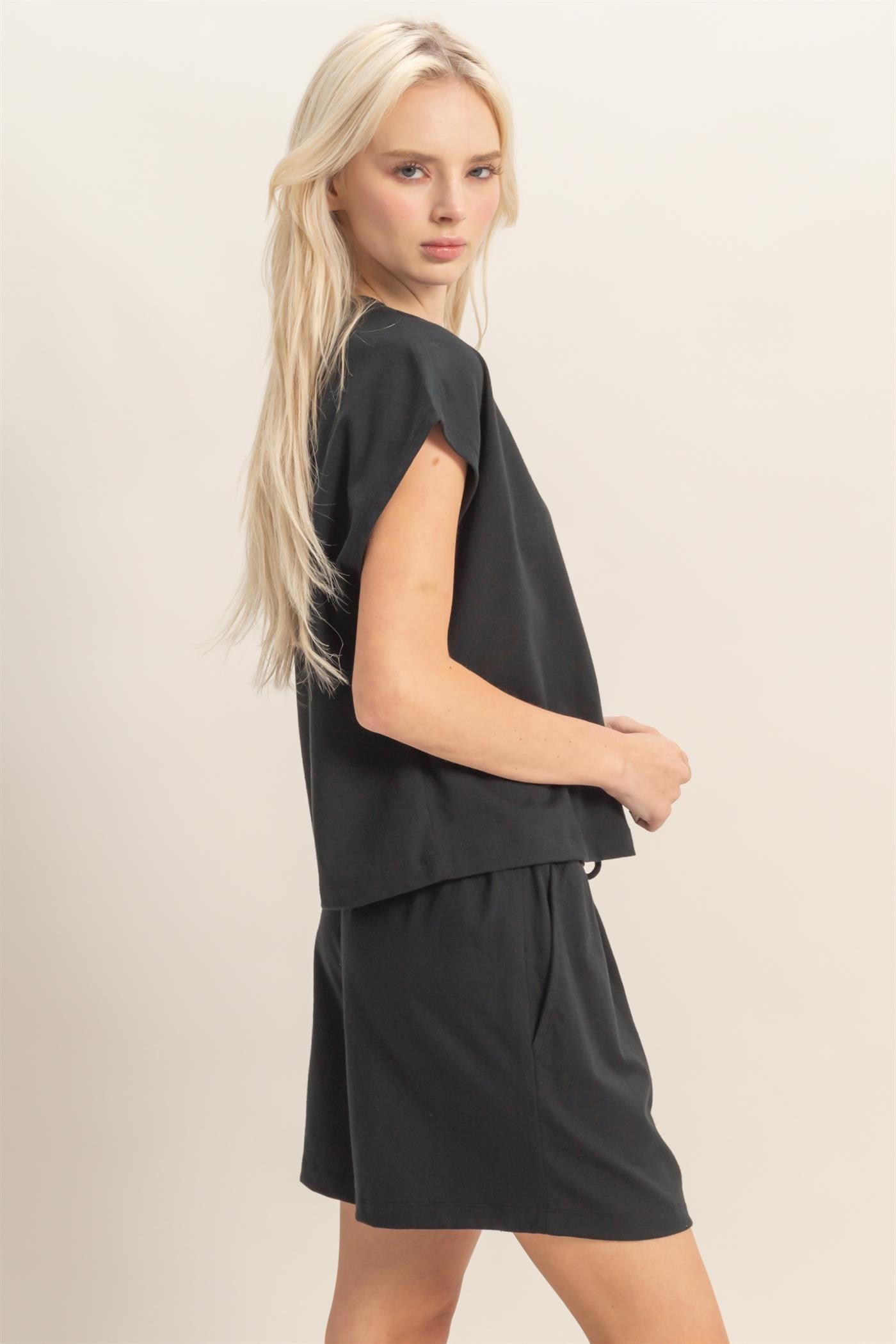Capped Sleeve Boxy Top and Short Set in Black