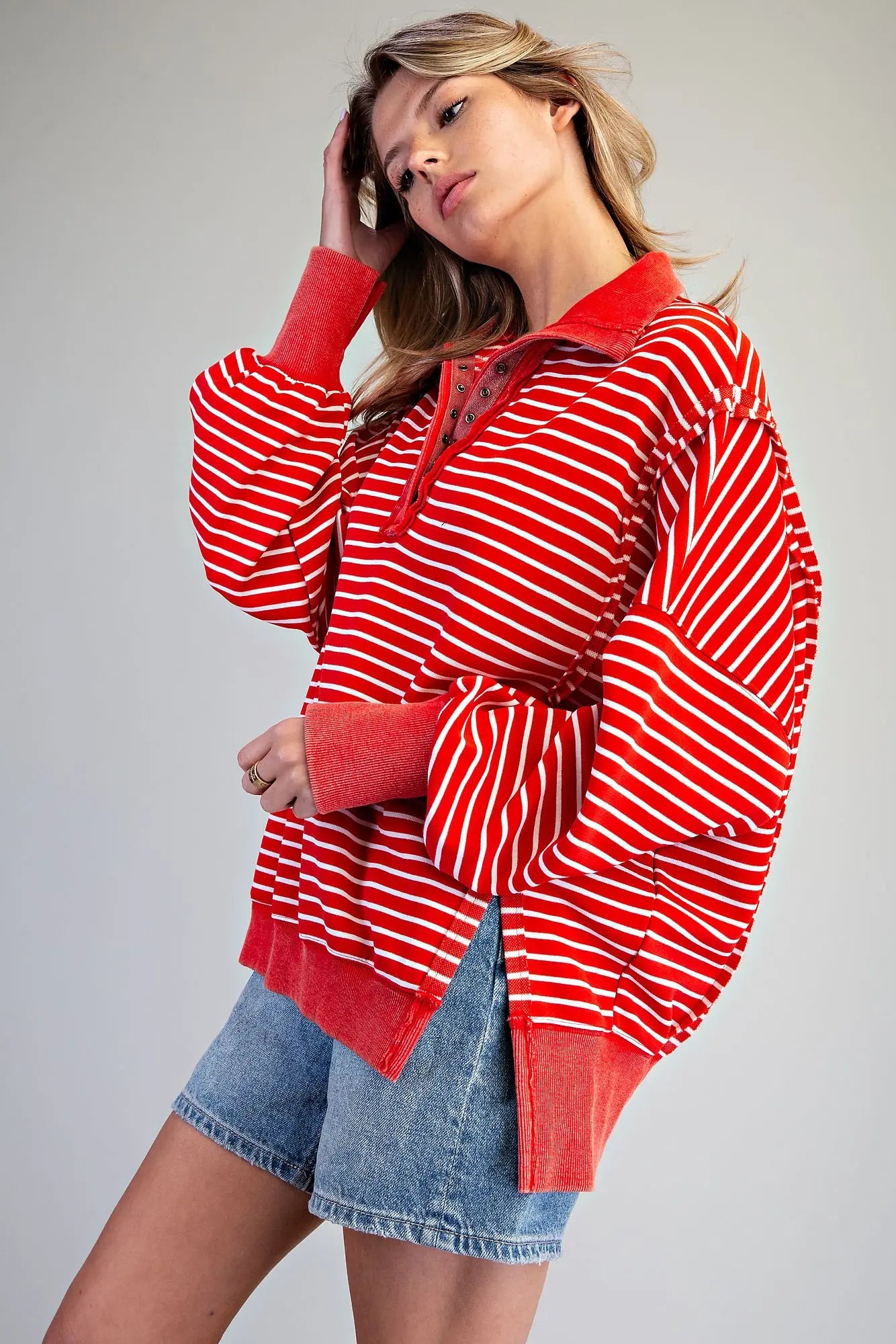 Red Striped Snow Washed Pullover