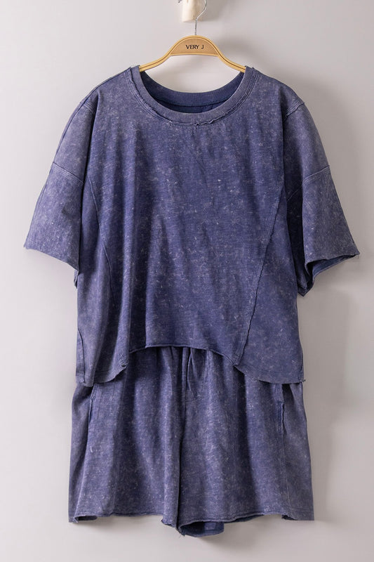 Plus Size Mineral Washed Short and Tshirt Set Women's