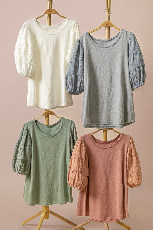 Mineral Washed White Puffed Sleeve Blouse
