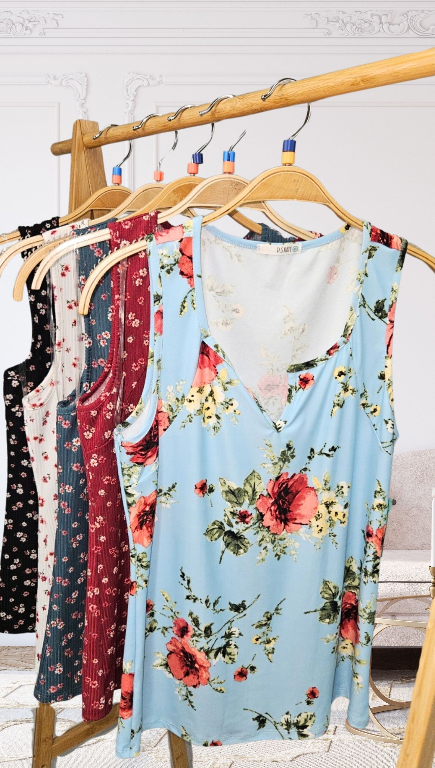 Floral Teal V-neck Curvy Tank Top