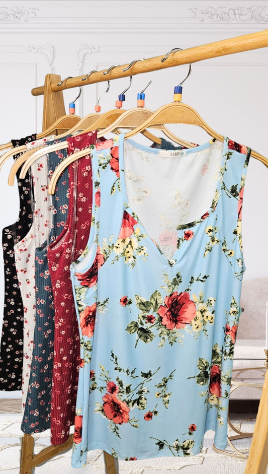 Floral Teal V-neck Curvy Tank Top