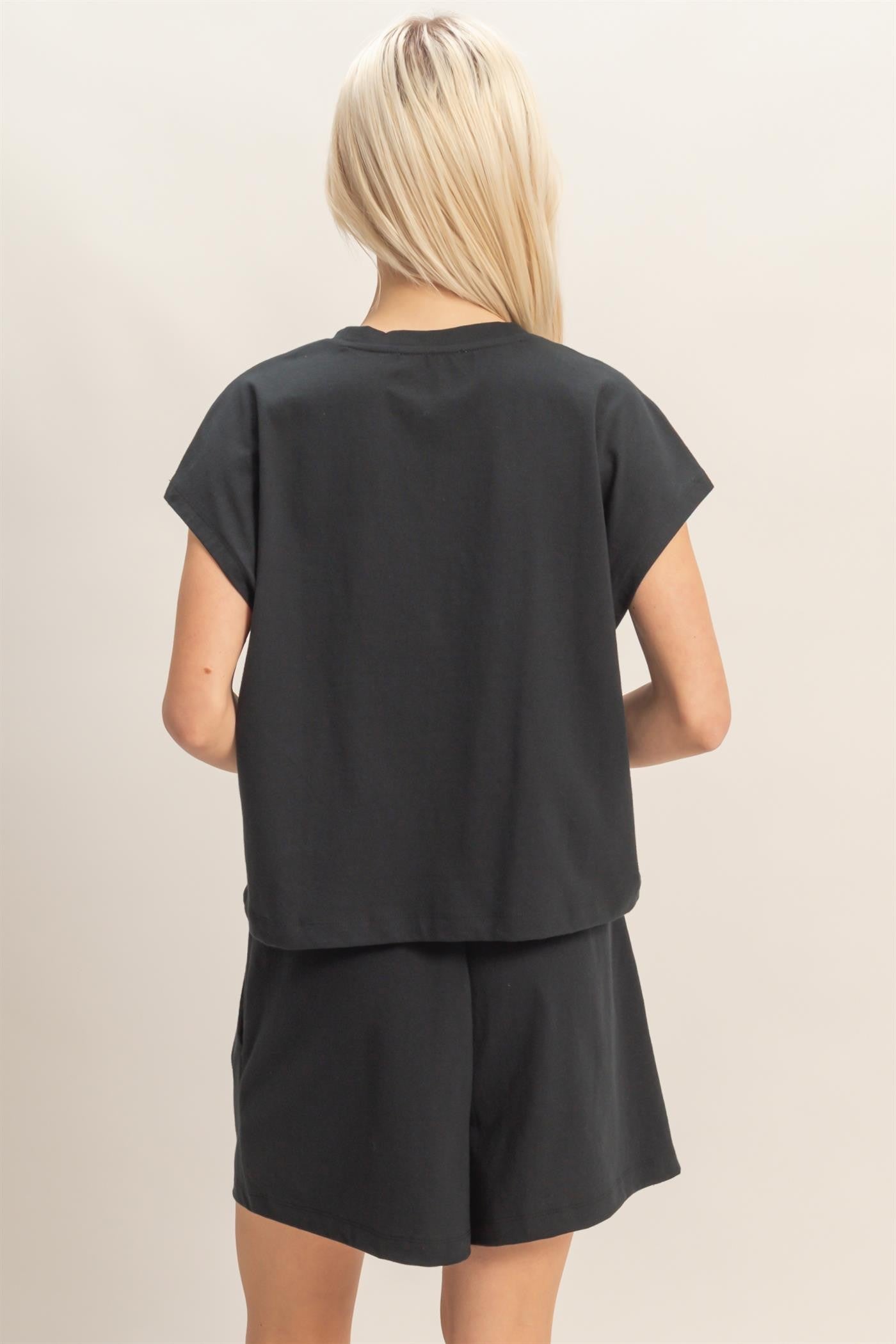 Capped Sleeve Boxy Top and Short Set in Black