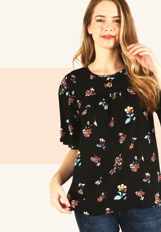 Black Floral Short Sleeve Blouse Women's