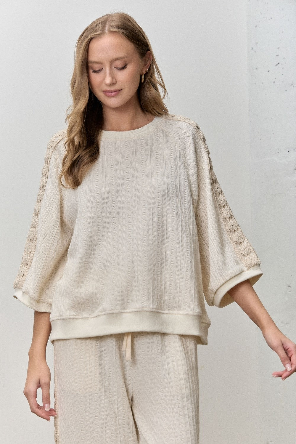 Ivory Cable Knit Curvy Top with Crochet Detail