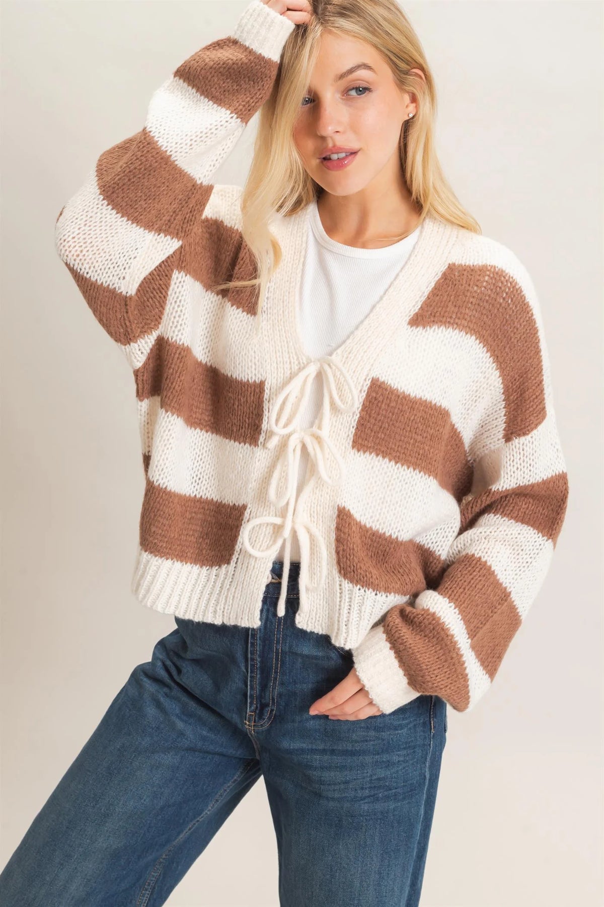 V-neck Tie Front Brown Sweater Cardigan
