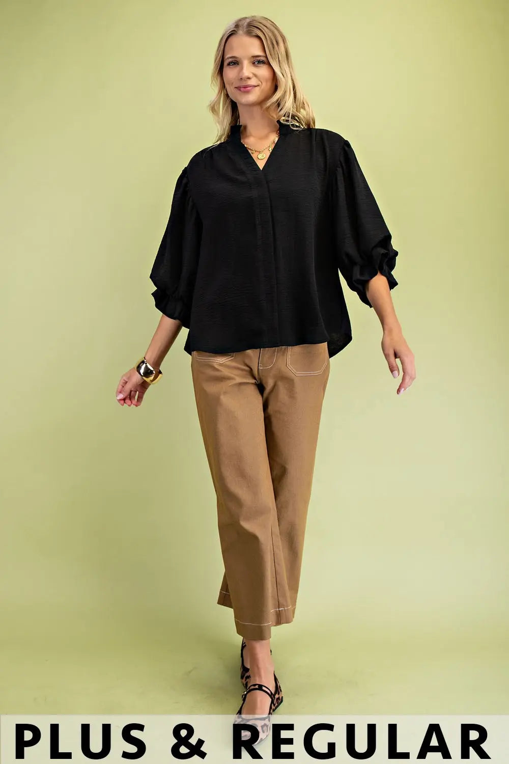 Curvy Black Balloon Sleeve Blouse
