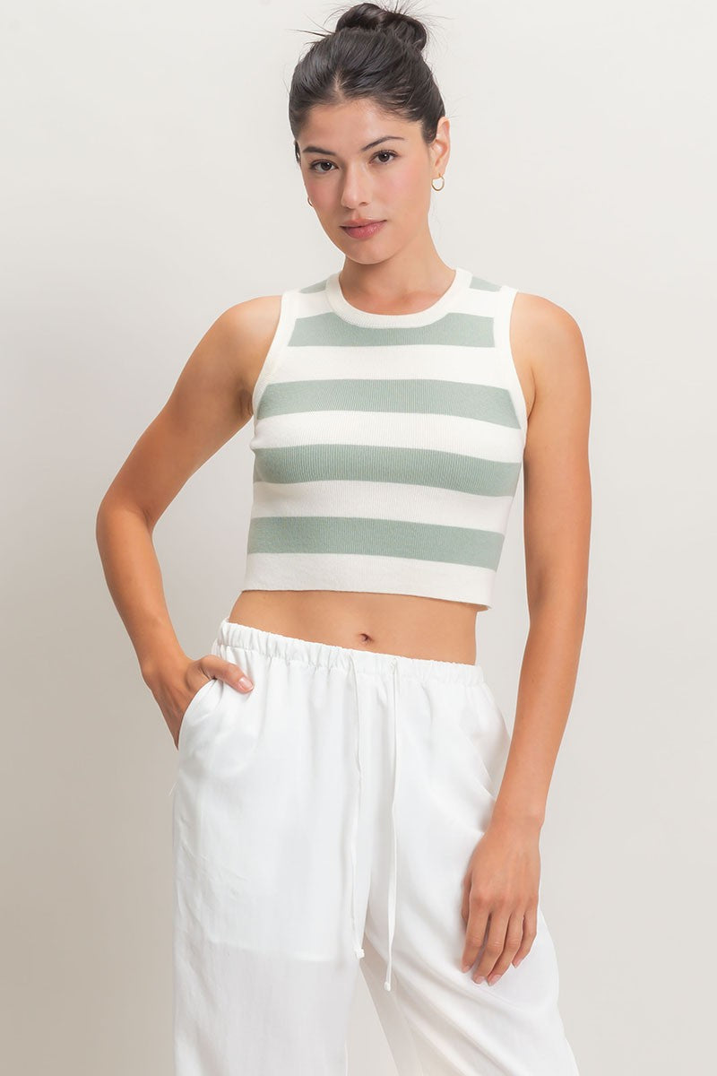 Sage Striped Cropped Knit Tank