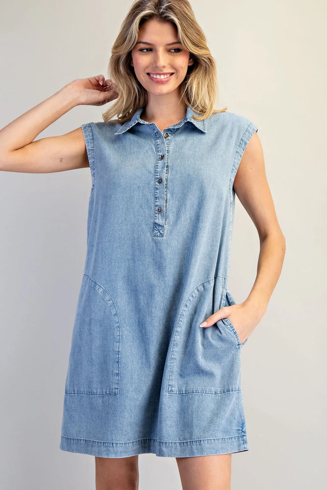 Denim Sleeveless Mini Dress with Pockets