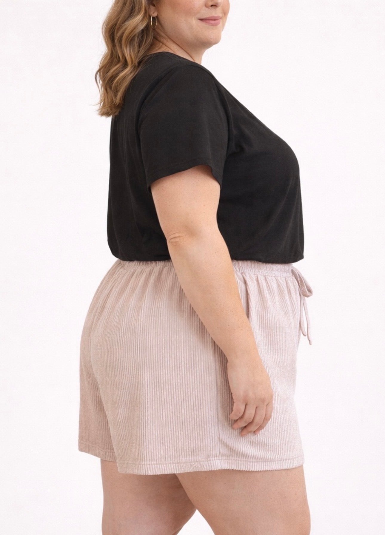 Beige Ribbed Drawstring Shorts Plus Sized