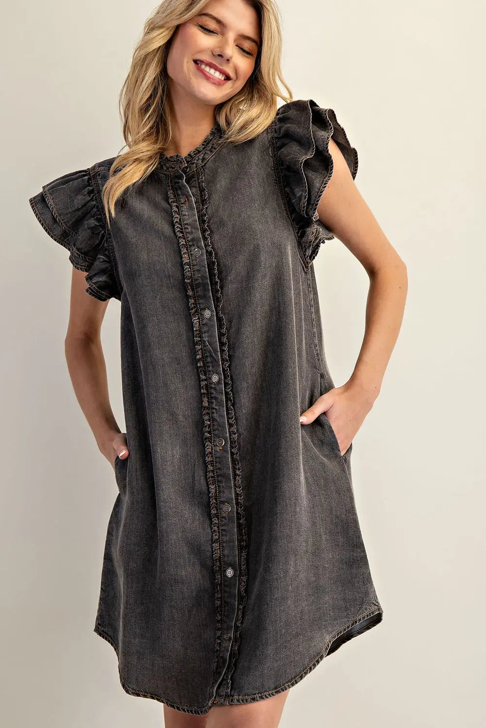 Snow Washed Button Down Ruffle Mini Dress