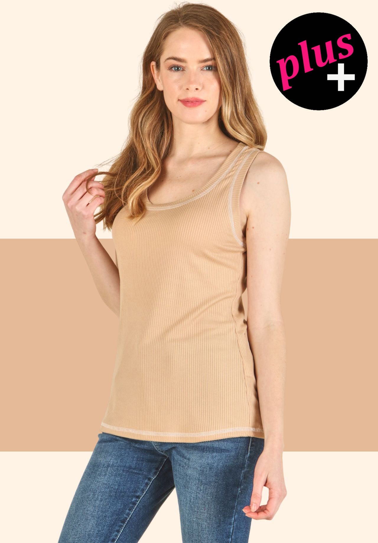 Ribbed Tank Top with Contrast Stitch Plus Sized