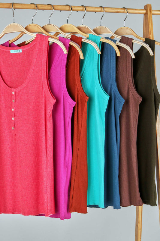 5 Button Ribbed Henley Plus Sized Tank