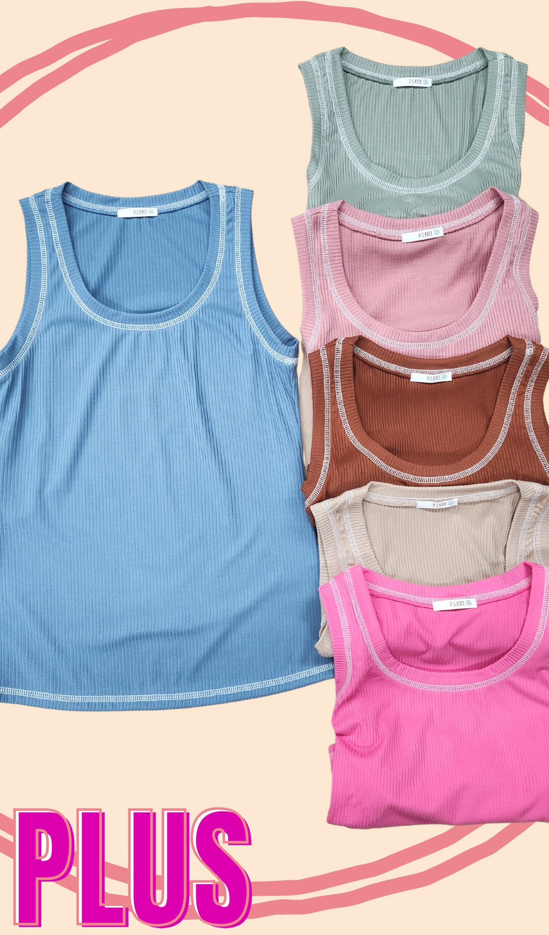 Ribbed Tank Top with Contrast Stitch Plus Sized