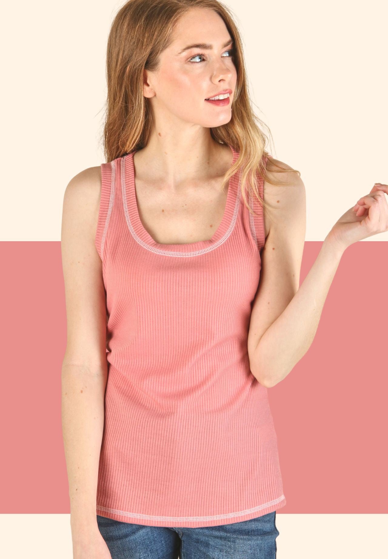 Ribbed Tank Top with Contrast Stitch Plus Sized