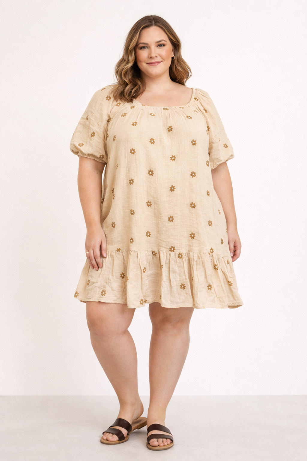 Taupe Plus Sized Square Neck Embroidered Dress