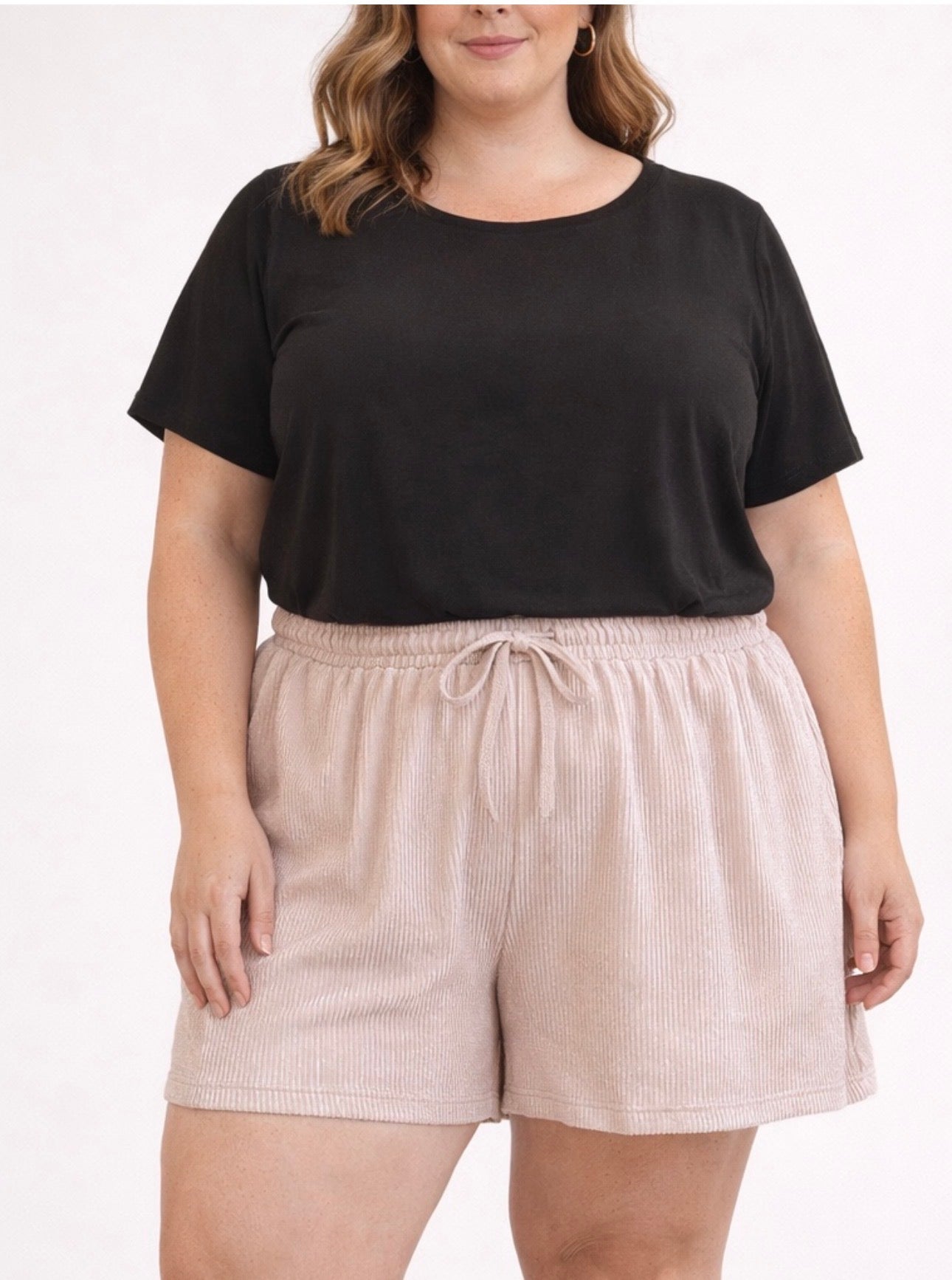 Beige Ribbed Drawstring Shorts Plus Sized