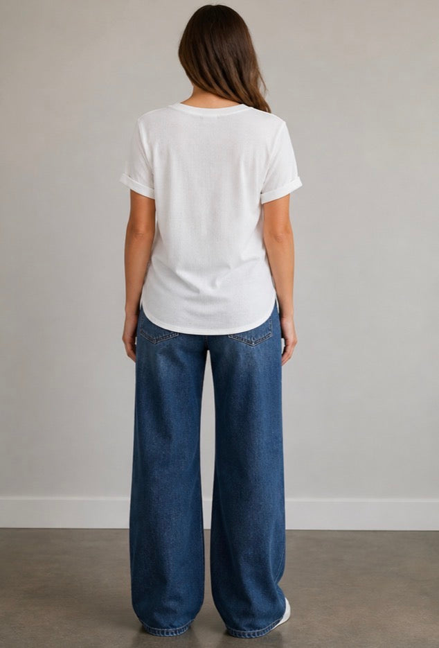 White Solid Ribbed Short Sleeved Curvy Top
