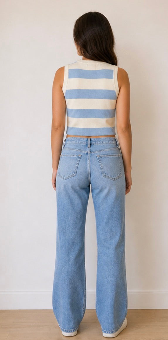Striped Knit Lite Blue Cropped Tank Top