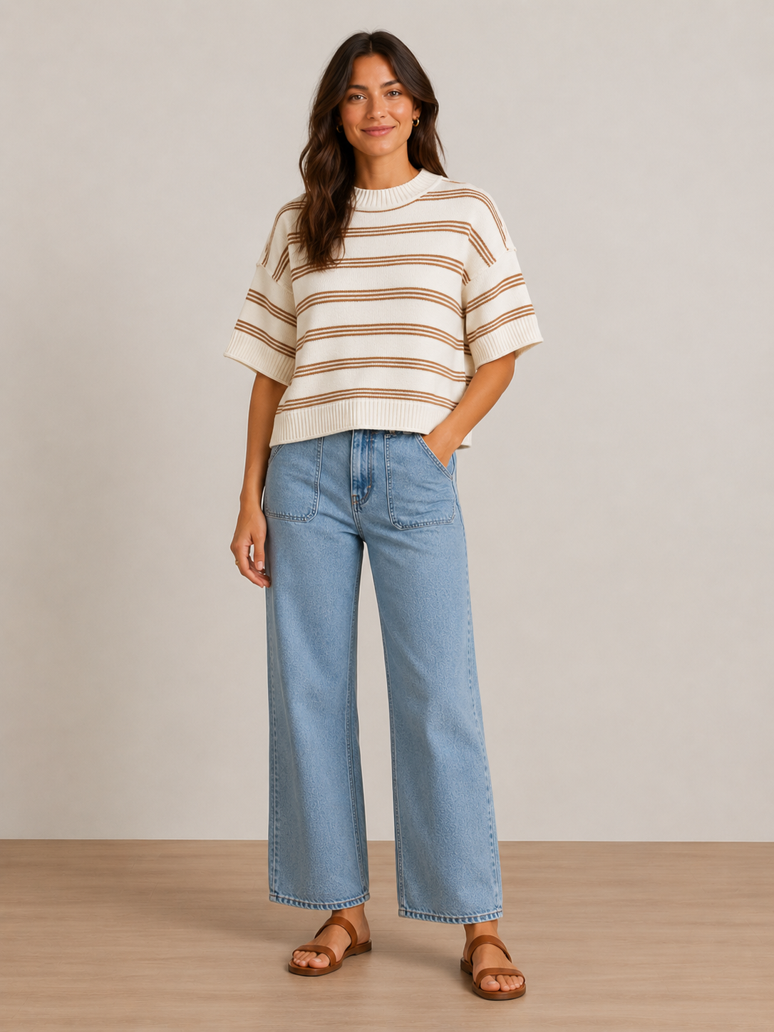 Honey Oat Short Sleeved Knit Sweater Top
