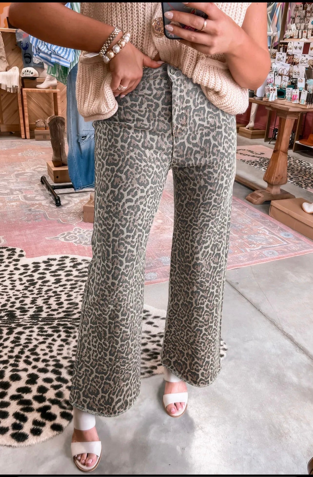 Leopard Frayed Edge Wide Leg High Waisted Jeans