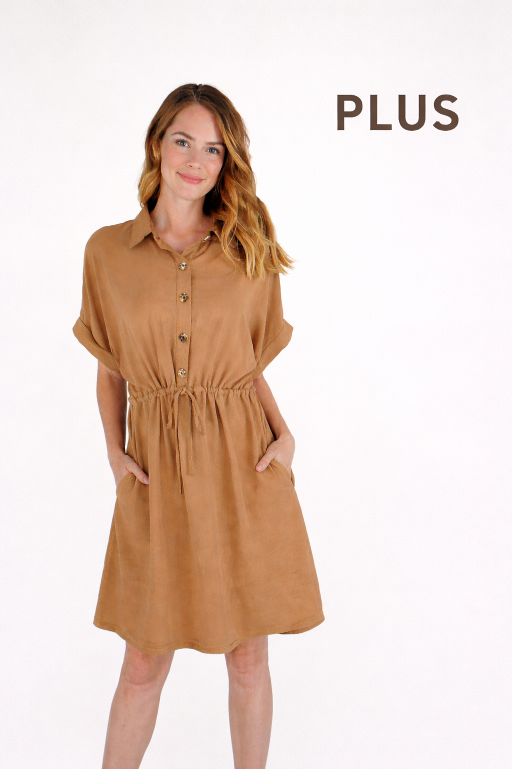 Mocha Button Up Dress with Pockets Plus Size