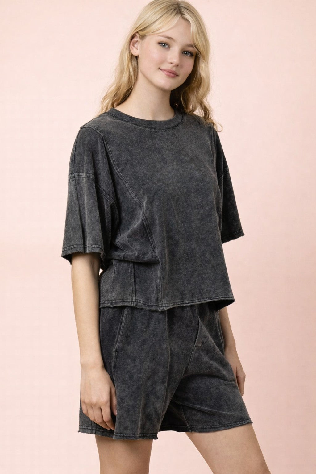 Mineral Washed Black Casual Knit Top & Short Set