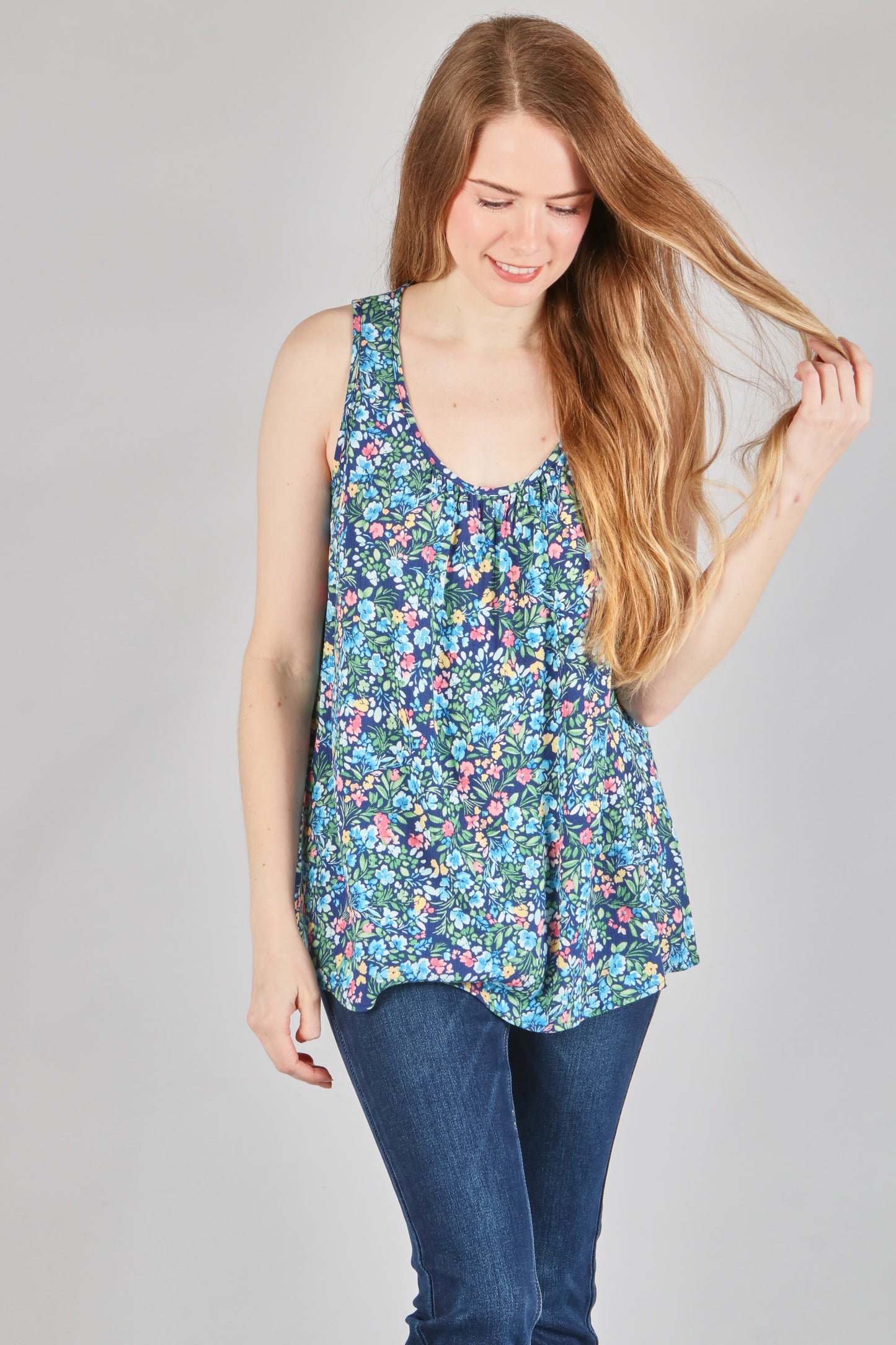 Woven Floral Tank with Pleated Yoke