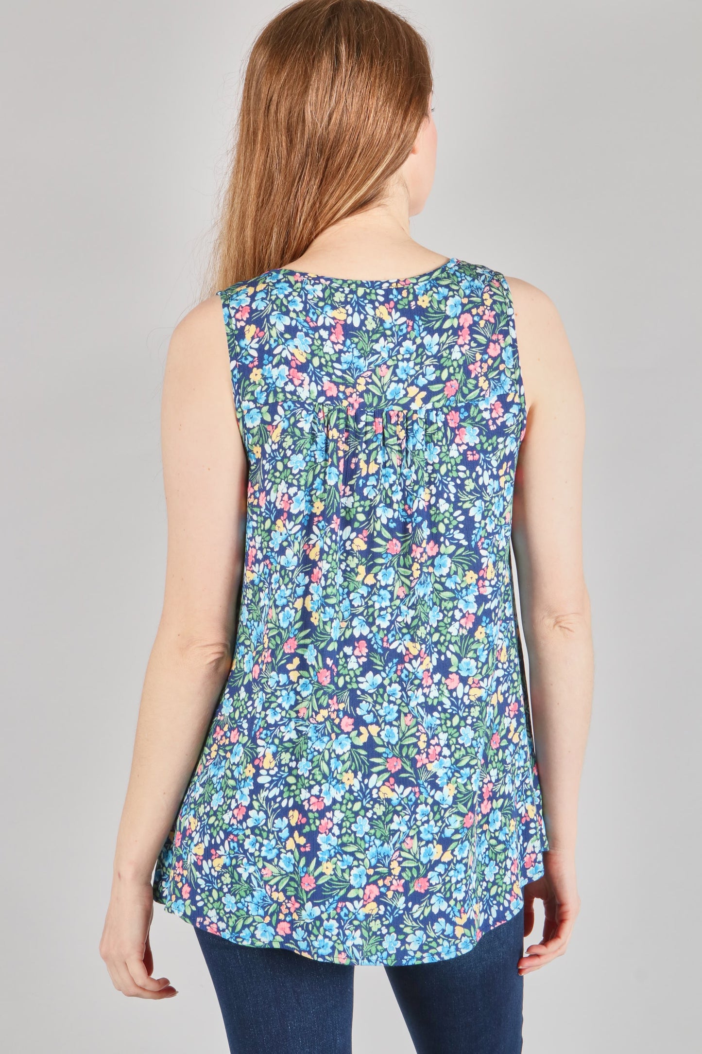 Woven Floral Tank with Pleated Yoke